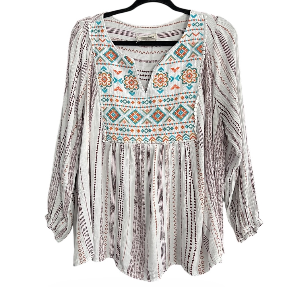 Savannah Jane Boho Bib Embroidery Blouse Ivory Mocha size 2X - Picture 4 of 10